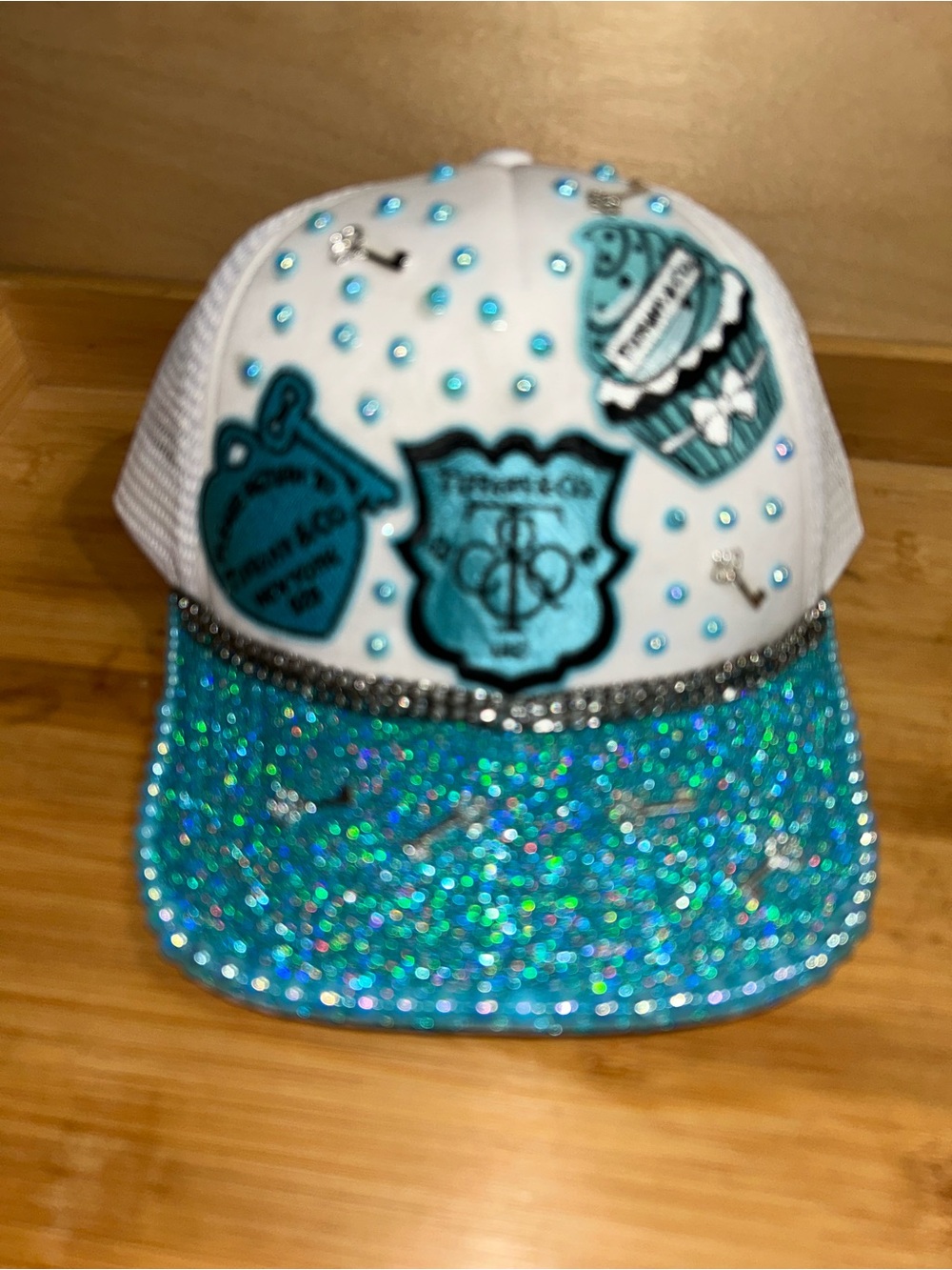 White Mesh Junk Trucker Hat with Teal Patches and Sparkle Visor